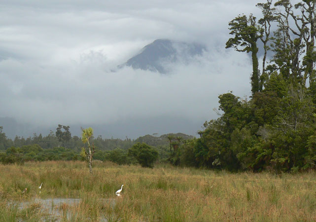 Hapuka Estuary: Un héron dans le marécage et gros nuages sur les montagnes