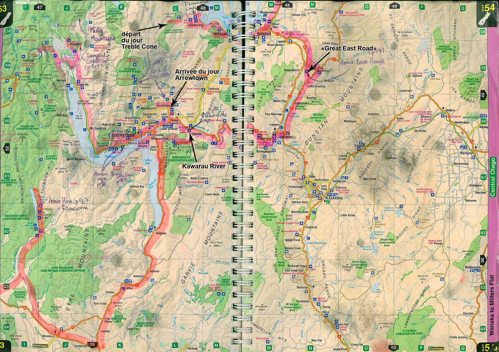 Carte du trajet du jour 18. De Treble Cone à Arrowtown